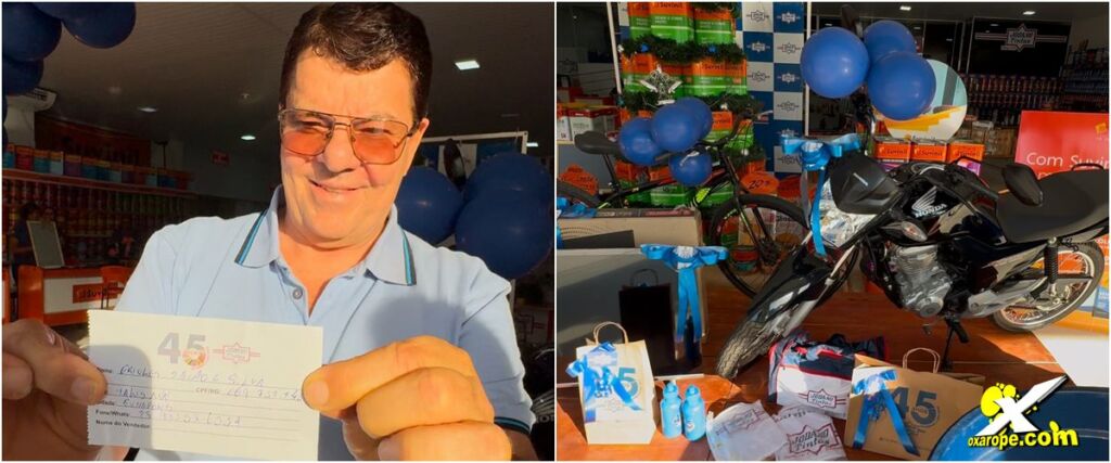 Jodano com o bilhete premiado da moto 