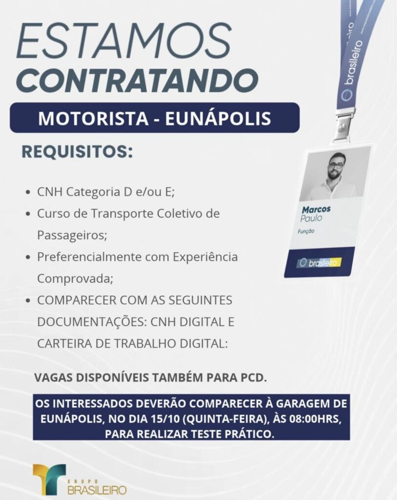 Oportunidade exige CNH categoria D e/ou E e curso de transporte coletivo de passageiros; vagas também estão disponíveis para pessoas com deficiência (PCD).